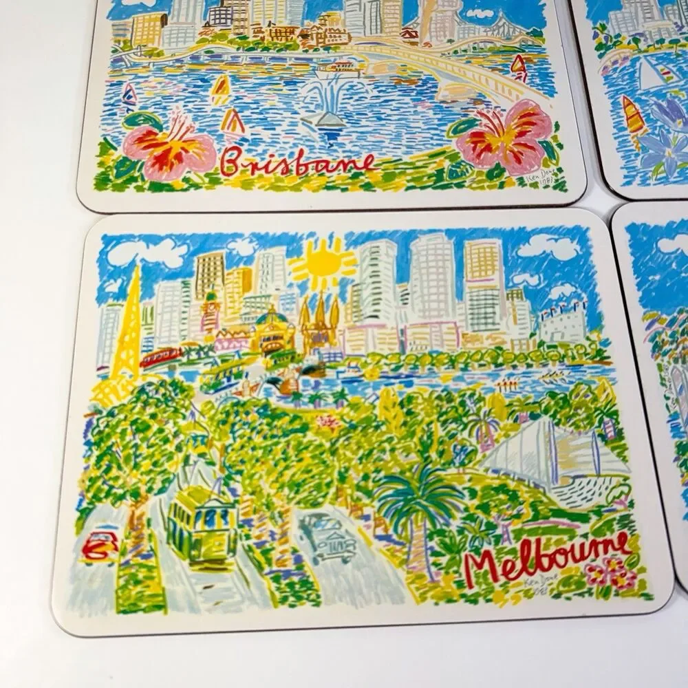 1983 Ken Done Australian City Placemats Trivets Set Sydney Melbourne Perth